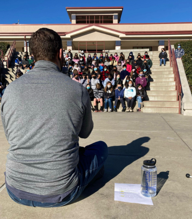 Mindful Life Project Director J.G. Larochette leads a mindful sit with Cordelia Hills Elementary 4th and 5th grader students Tuesday morning.