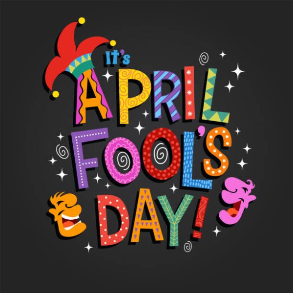 April Fools Day design with hand drawn decorative lettering, laughing cartoon faces and jester hat. For greeting cards, banners, flyers, etc.