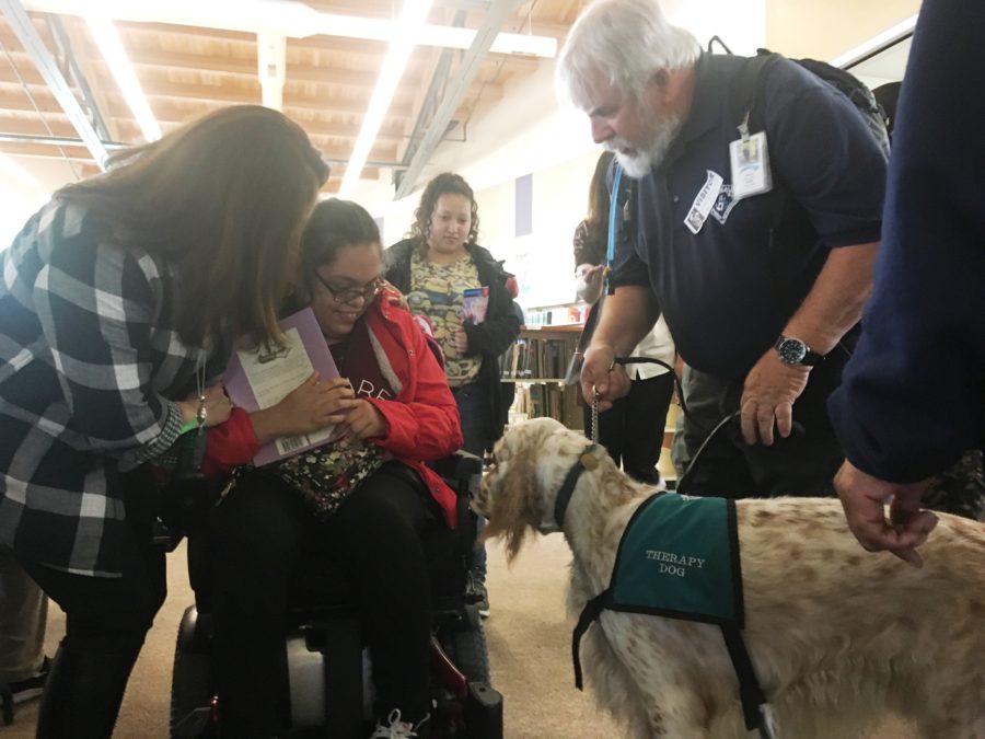 Mr. Chuck Constantine and his dog Augie help bring joy to Guadalupe Ramos during the event.