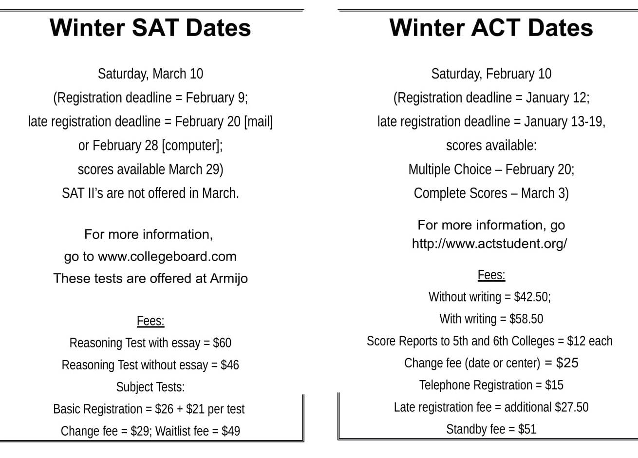 SAT and ACT test dates and deadlines The Armijo Signal